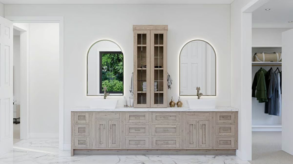Arched Mirrors and Reclaimed Wood Vanity Bring Warmth to a Double-Sink Primary Bath
