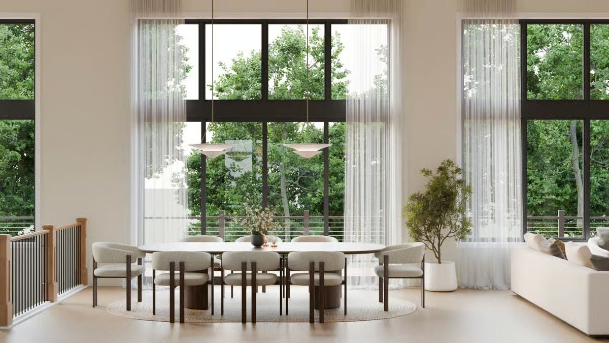 Sheer Curtains and Floor-to-Ceiling Glass Blur the Line Between Dining Room and Forest
