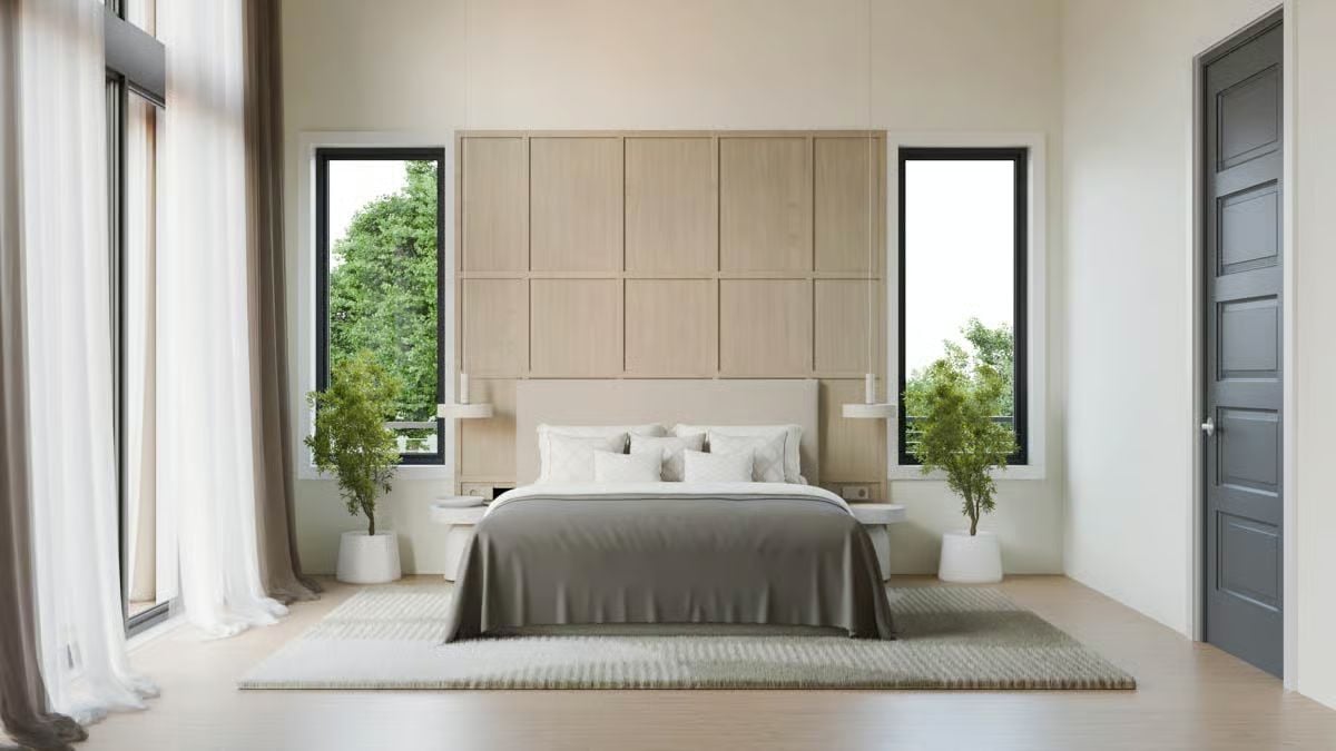 Light Wood Panel Headboard Wall Brings Warmth to a Neutral Mountain Bedroom