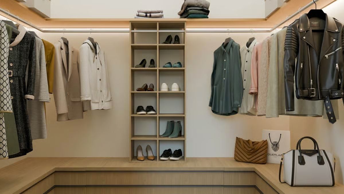 Organized Walk-In Closet Pairs Open Shoe Shelving with Double Hanging Rods