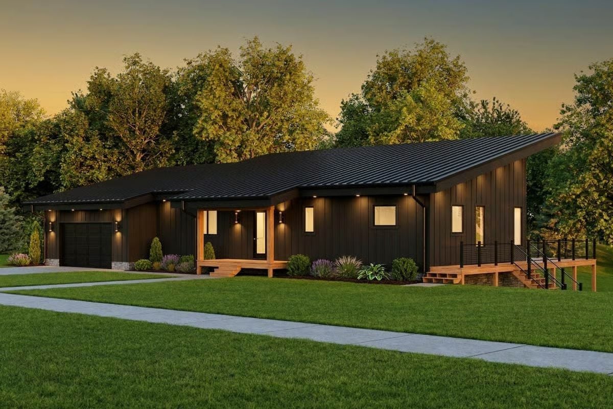 Dark Board-and-Batten Exterior with Covered Porch and Angled Roofline