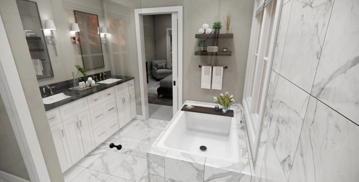Marble Surround and Dark Shelving Give This Master Bath Serious Weight