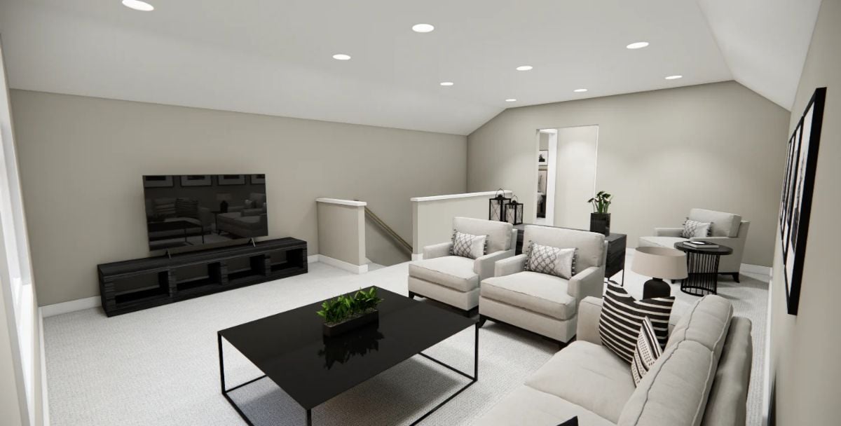 Recessed Lighting and a Low-Slung TV Console Give This Bonus Room a Clean Finish