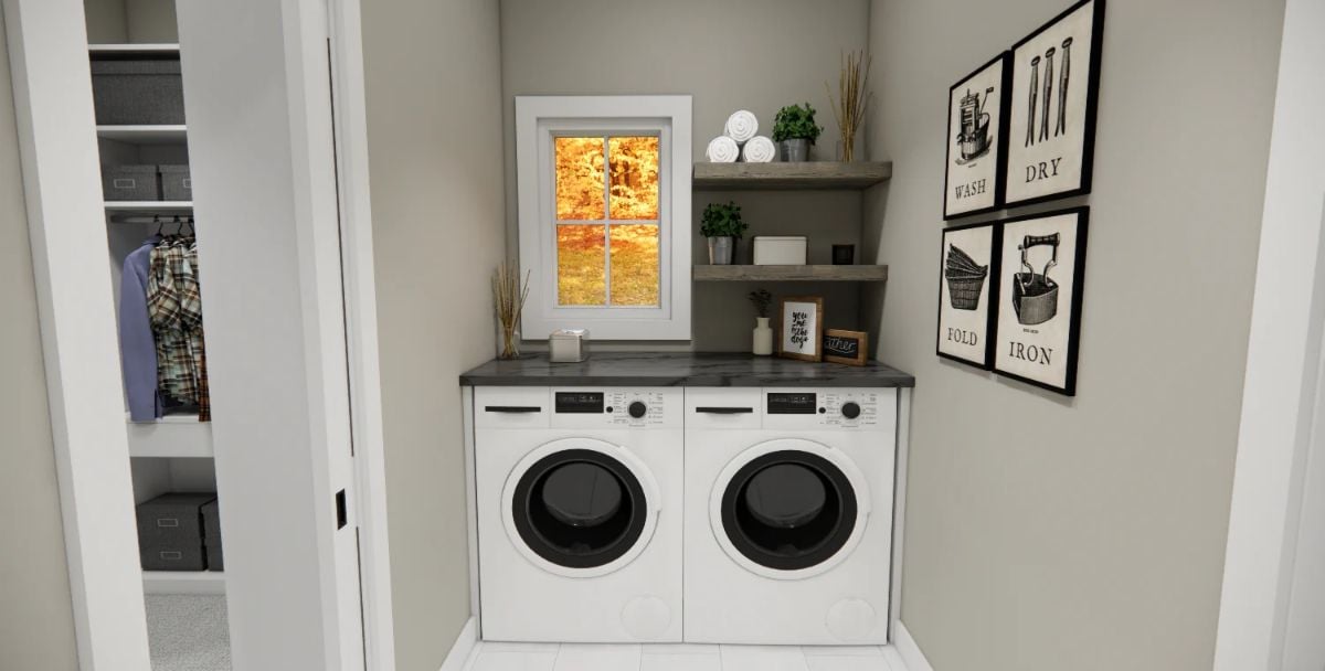 Laundry Room Pairs Matching Machines with Open Shelving and Autumn Views