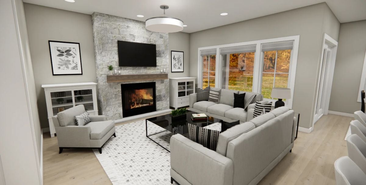 Stone Fireplace Wall Anchors a Neutral Living Room Built for Fall Evenings