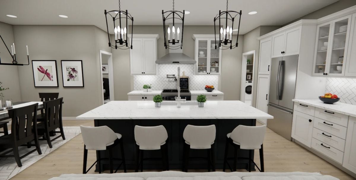 Dark Island Base, White Marble Top, Three Lanterns That Mean Business