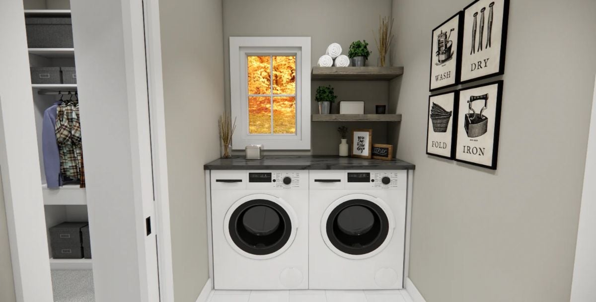Laundry Room Layout Proves Floating Shelves and Four Art Prints Are Enough