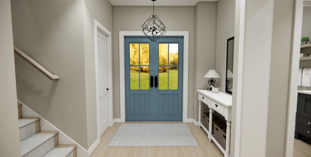 Blue Double Doors Set a Warm Tone for This Craftsman Entryway