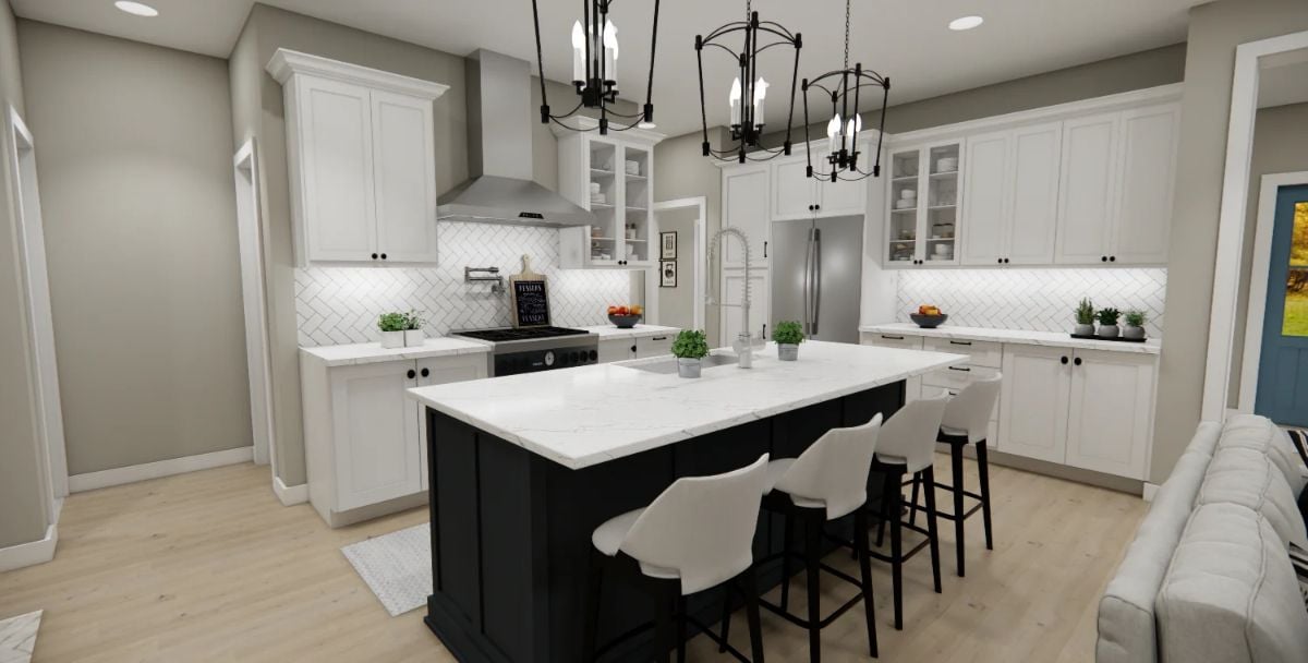 Black Island Base and White Marble Countertops Define This Kitchen's Contrast