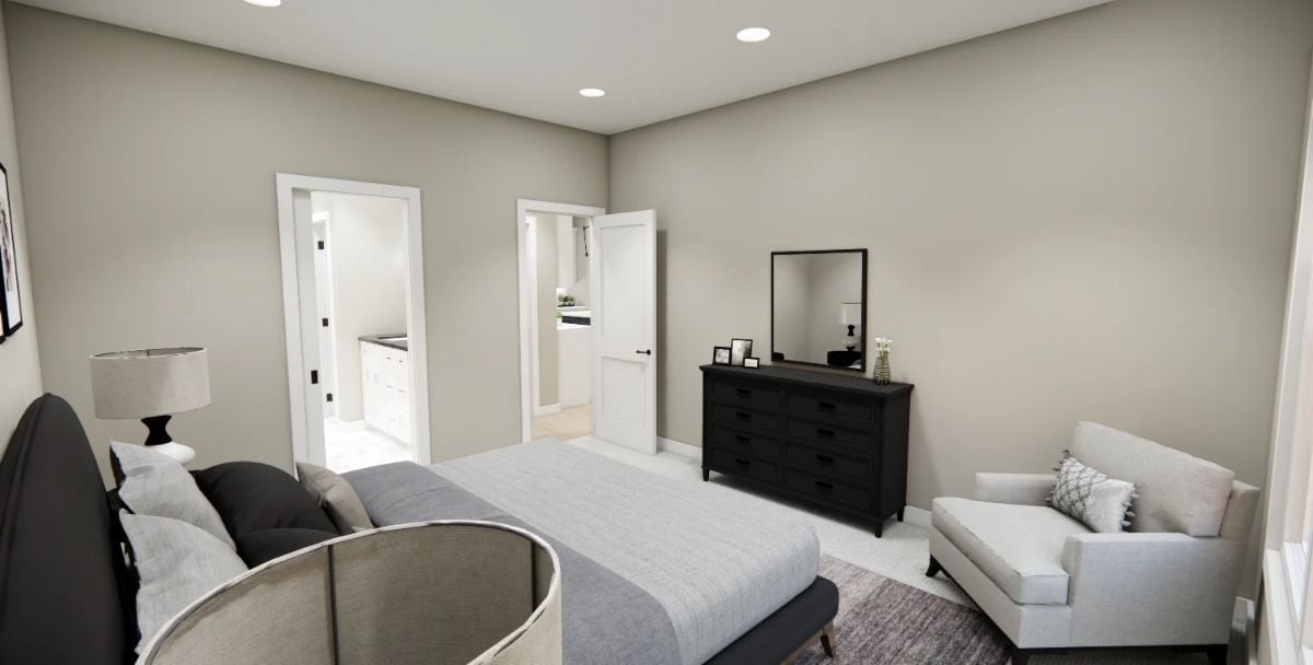 Dark Dresser and Neutral Walls Give This Primary Bedroom a Grounded Feel