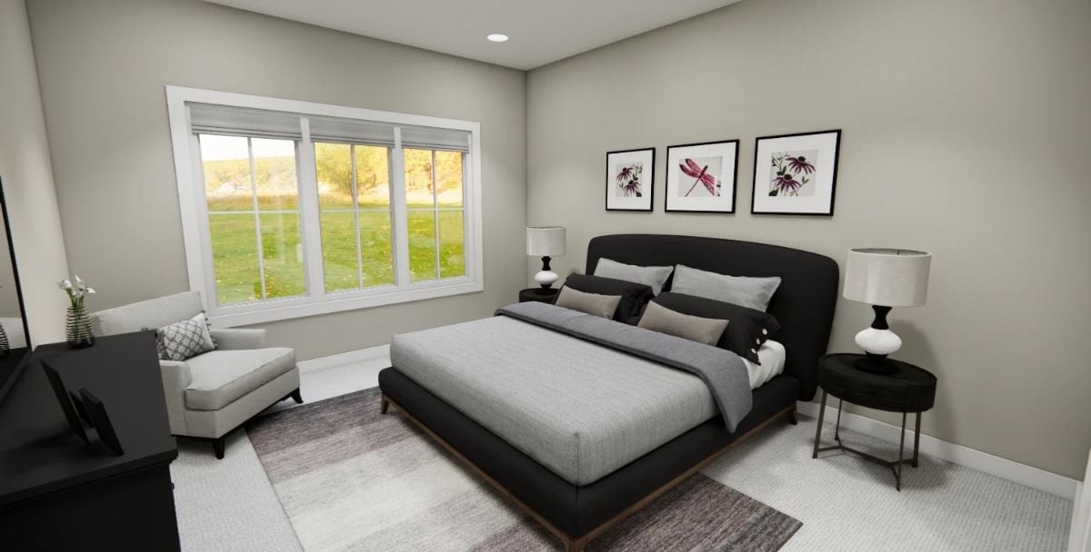 Charcoal Upholstered Bed Frame Brings Weight to a Soft-Toned Primary Suite