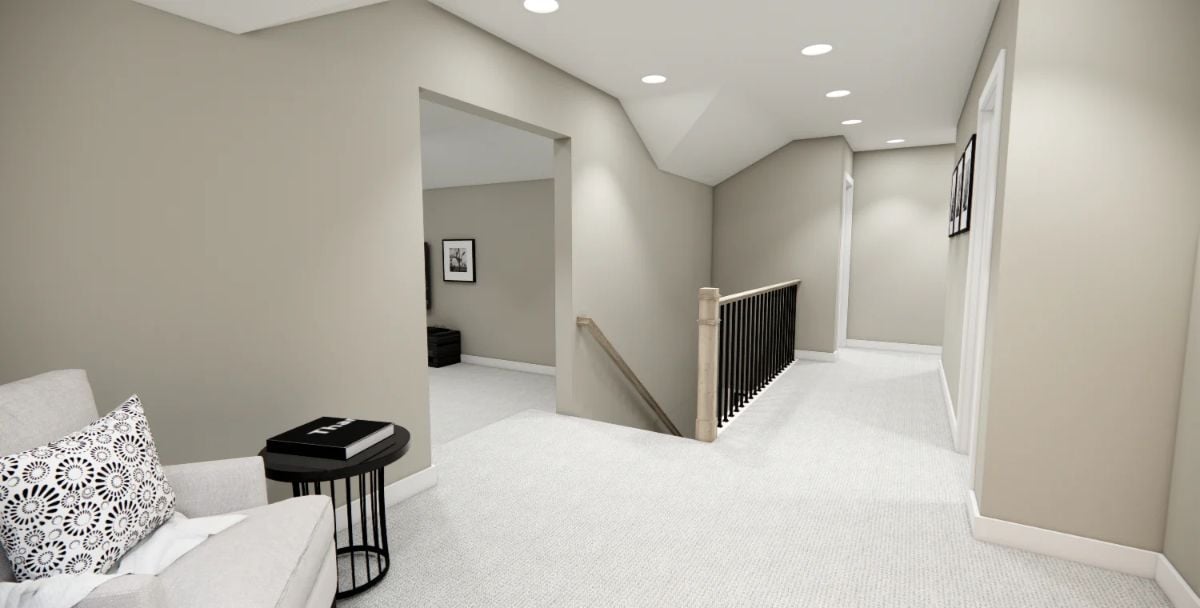 Soft Greige Walls and White Carpet Make This Loft Landing Feel Larger Than It Is