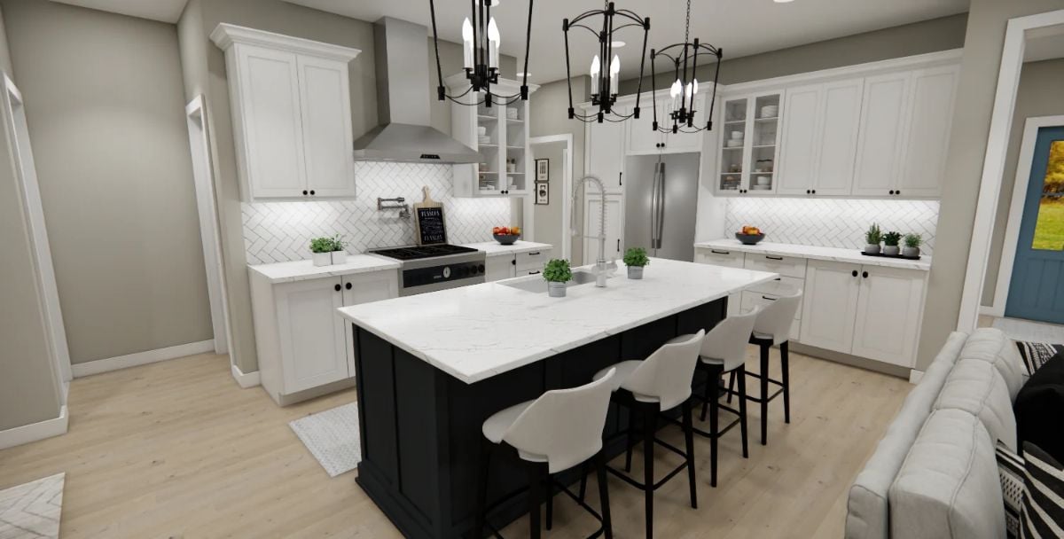 Dark Island Base Anchors a White Kitchen Built for Serious Cooking