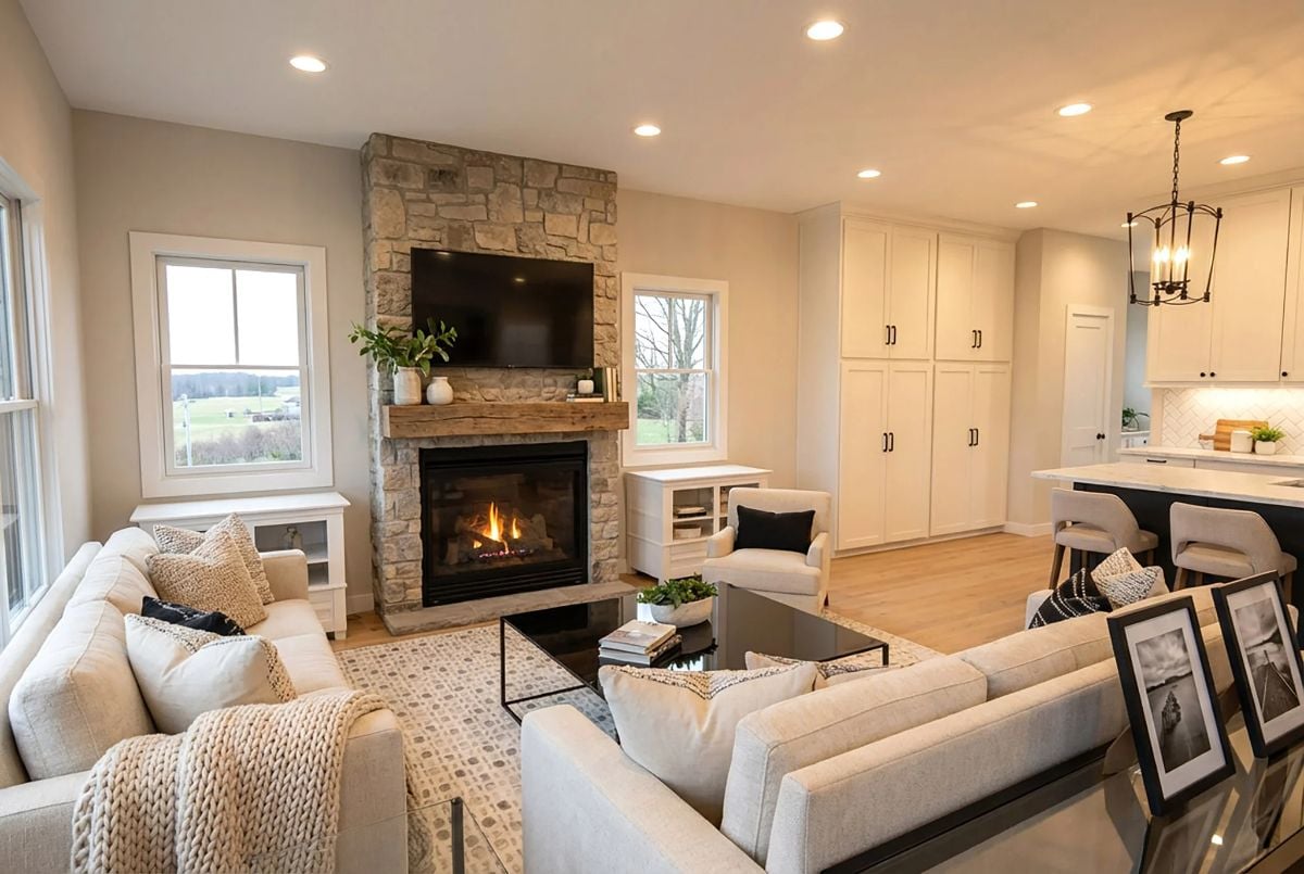 Stone Fireplace and Open Layout Define This Living Room's Character