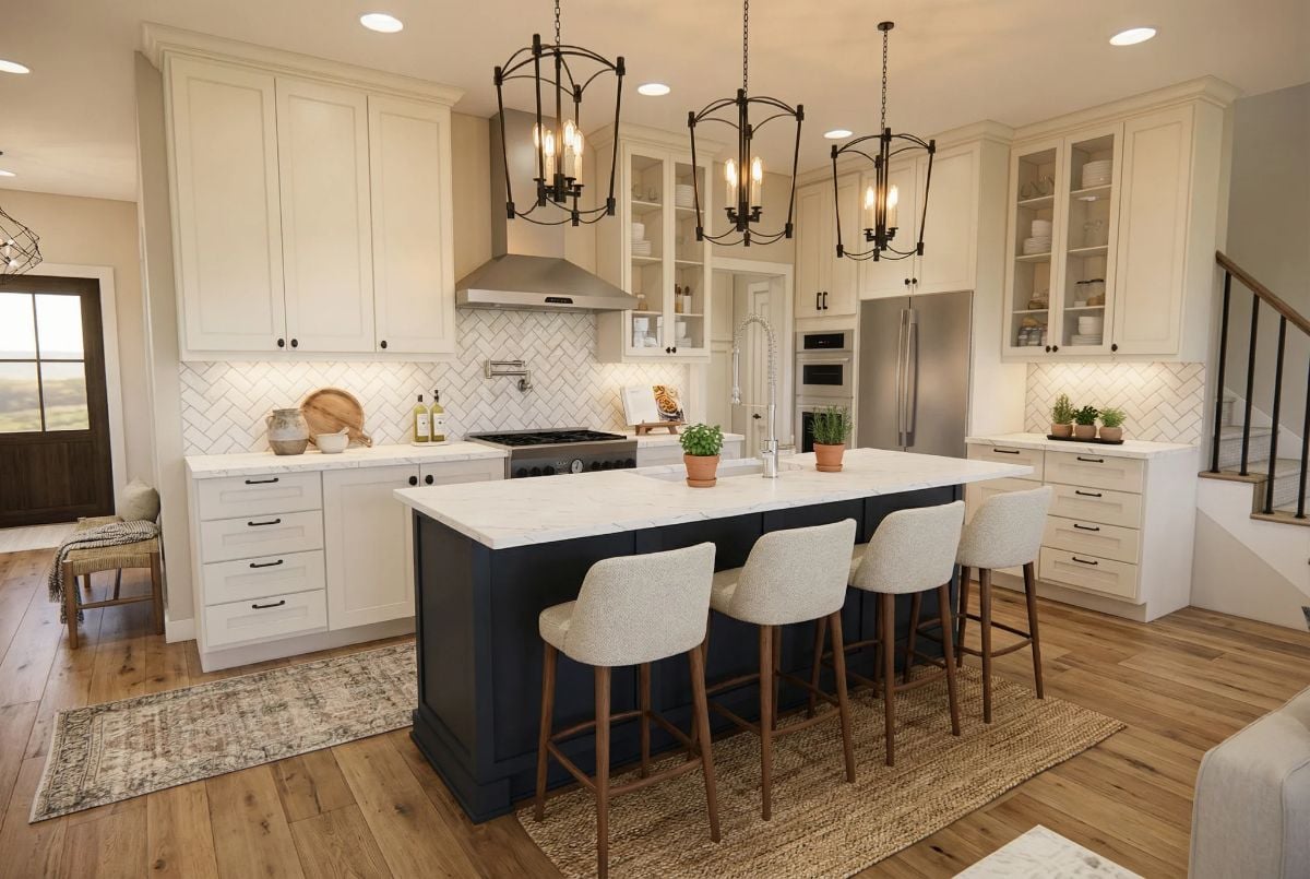 Navy Island and Cage Pendants Anchor This Kitchen's Contrast
