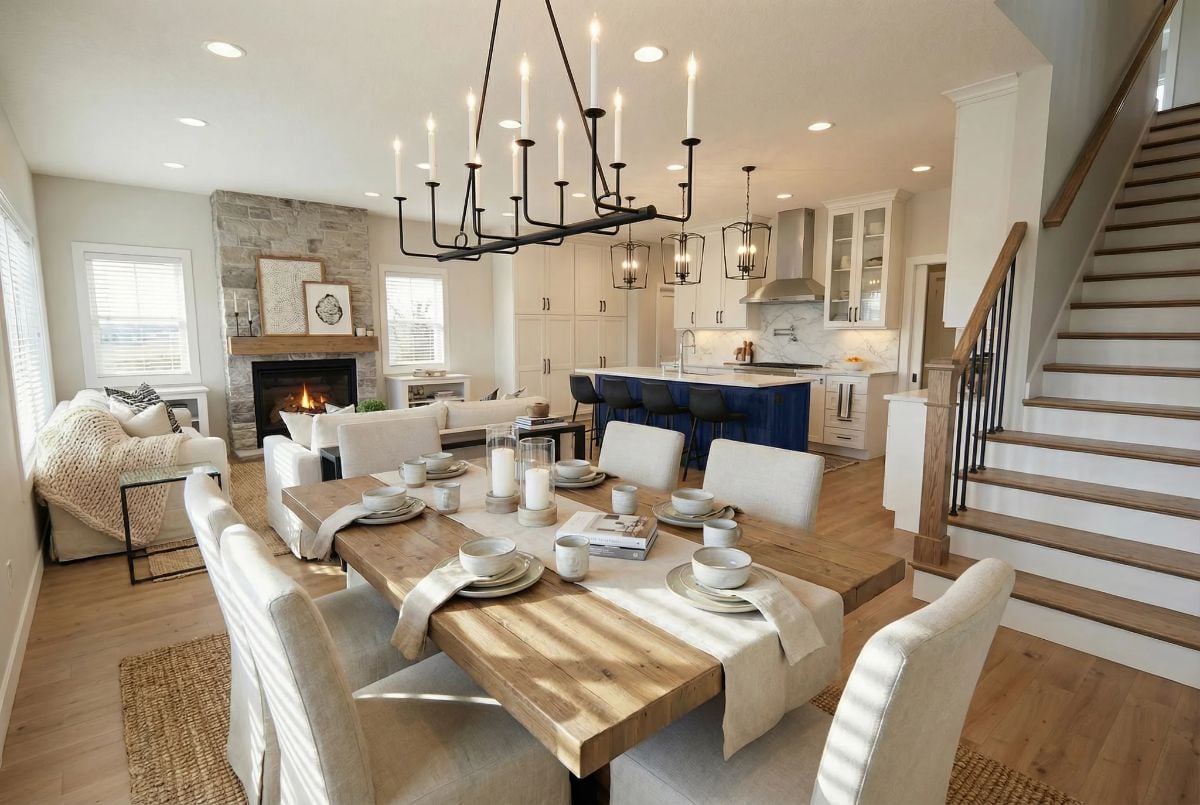 Candle-Style Chandelier and Navy Island Pull This Open Plan Together
