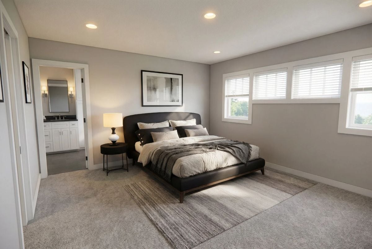 Dark Leather Headboard and Gray Walls Give This Primary Bedroom a Grounded Feel