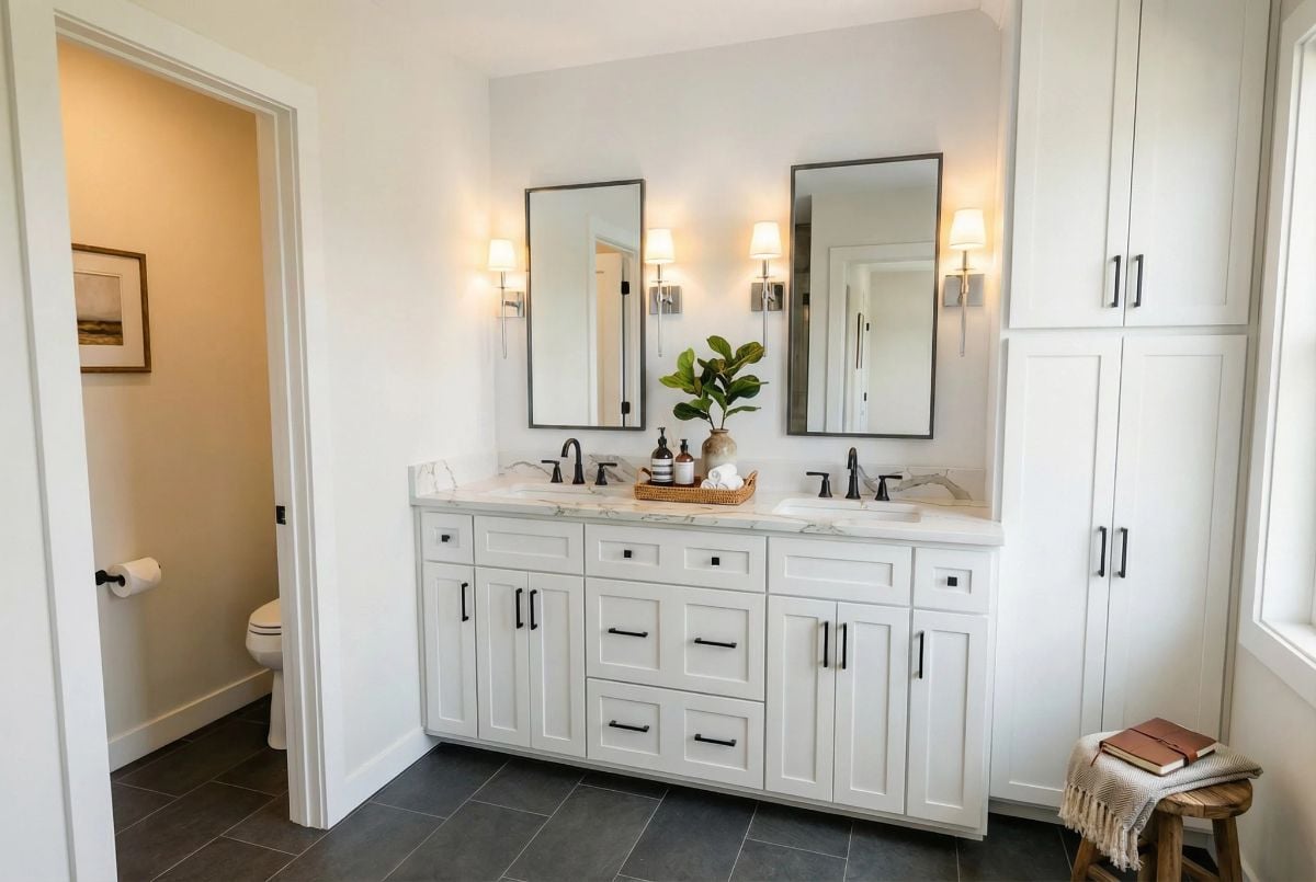 Double Vanity with Marble Counters and Black Hardware Keeps Morning Routines Simple