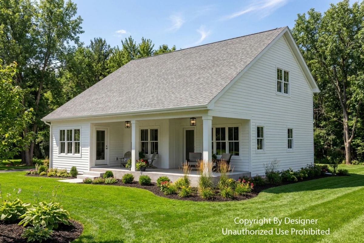 White Siding, Covered Porch, and a Yard That Earns Its Keep