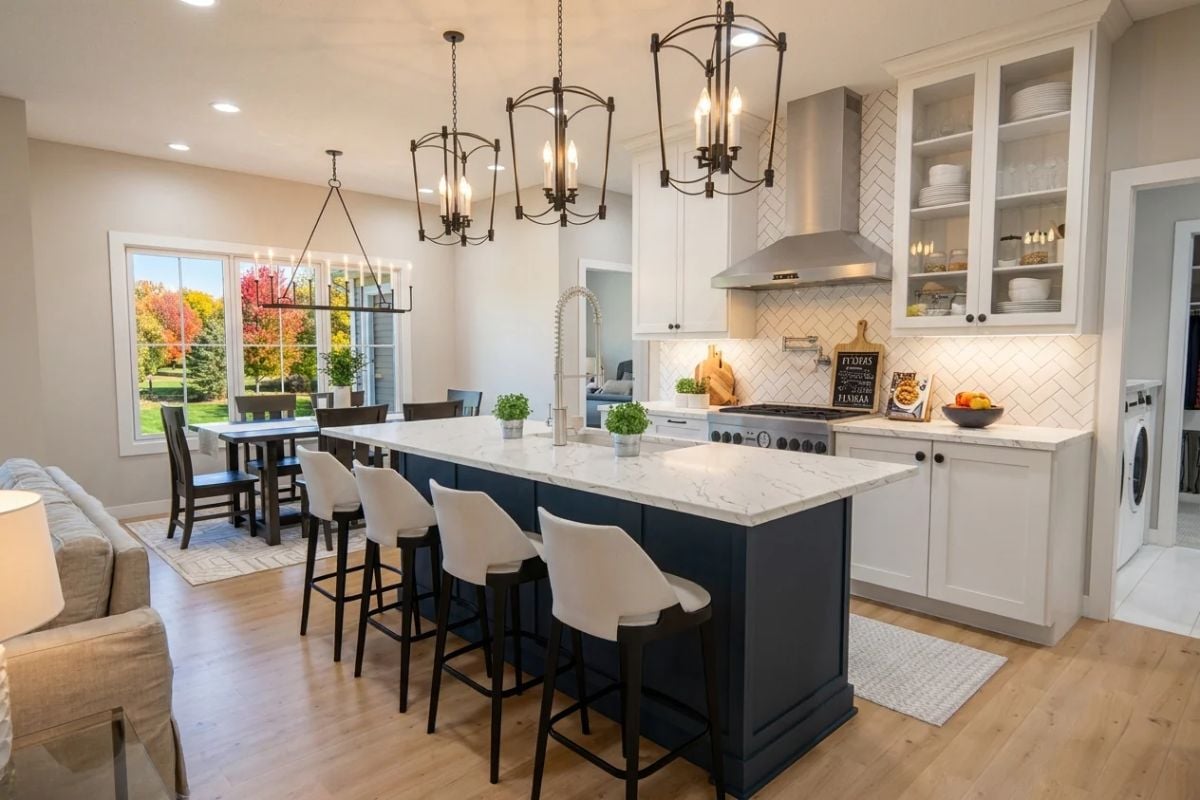 Navy Island, Marble Counters, and Three Pendants Doing Heavy Lifting