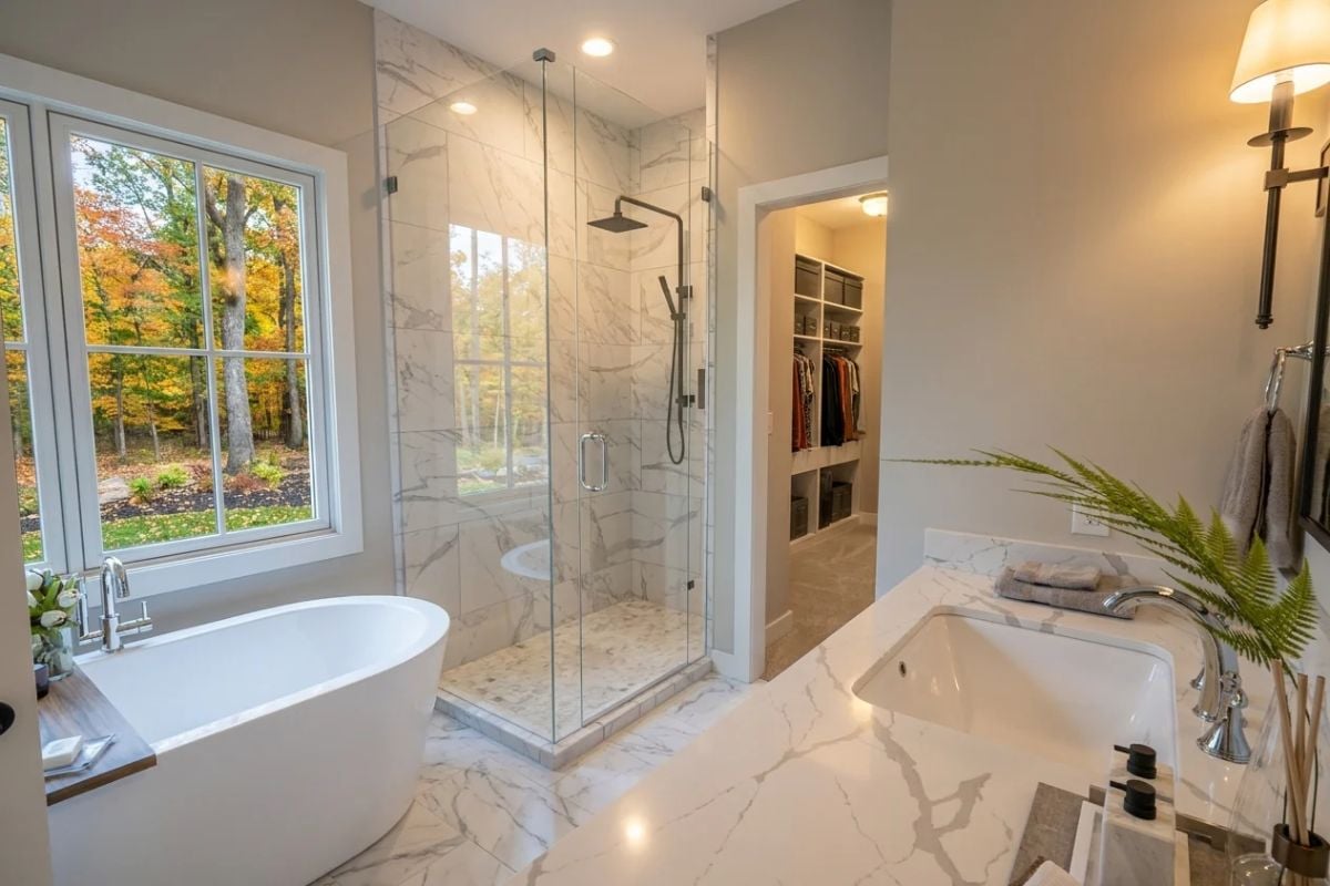 Marble, Glass, and a Walk-In Closet Visible from the Shower