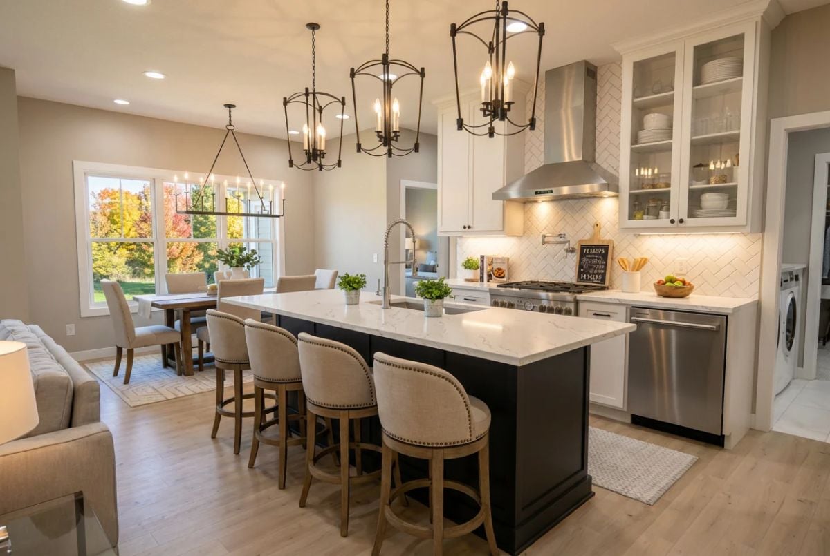 Dark Island, White Marble, and Pendant Lights That Mean Business