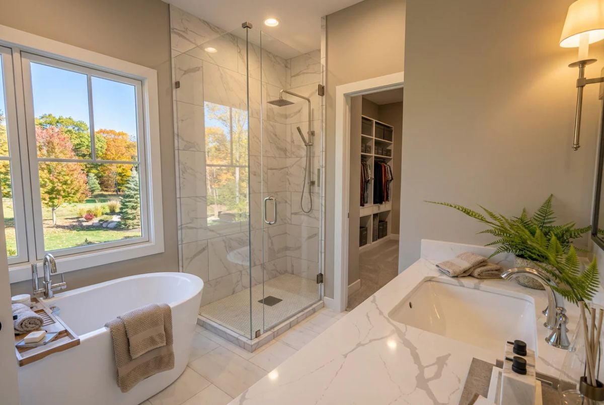 Marble Walls, Glass Enclosure, and a Freestanding Tub with a View Worth Keeping