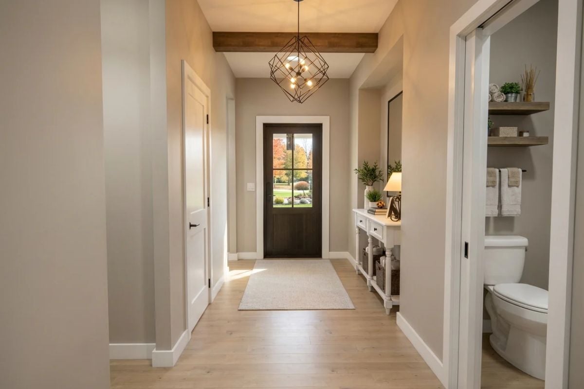 Foyer with Wood Beam Ceiling and Geometric Chandelier