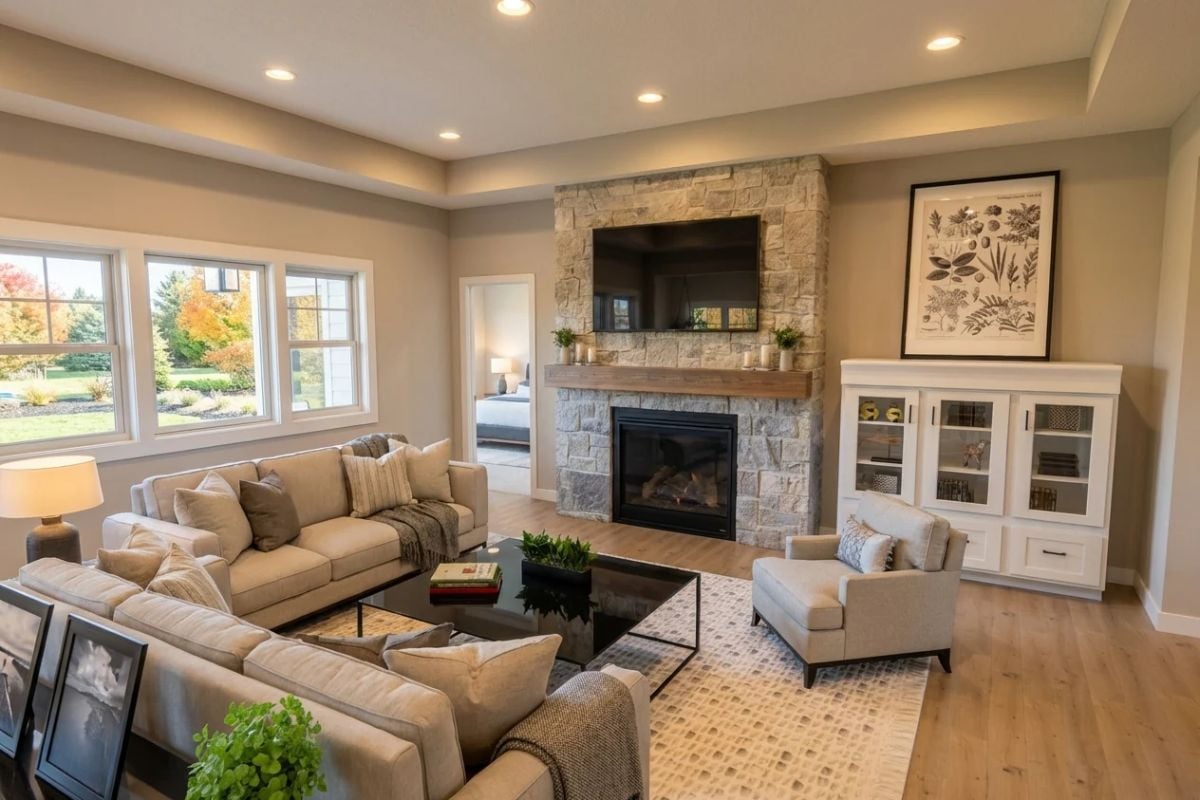 Stone Fireplace Wall Anchors a Neutral Living Room with Hardwood Floors
