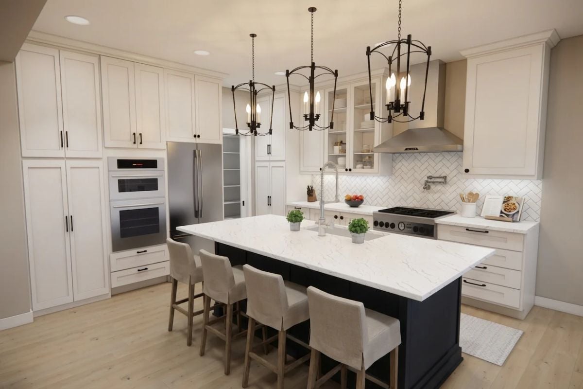 Black Island Base Paired with White Quartz Countertops and Cage Pendant Lights