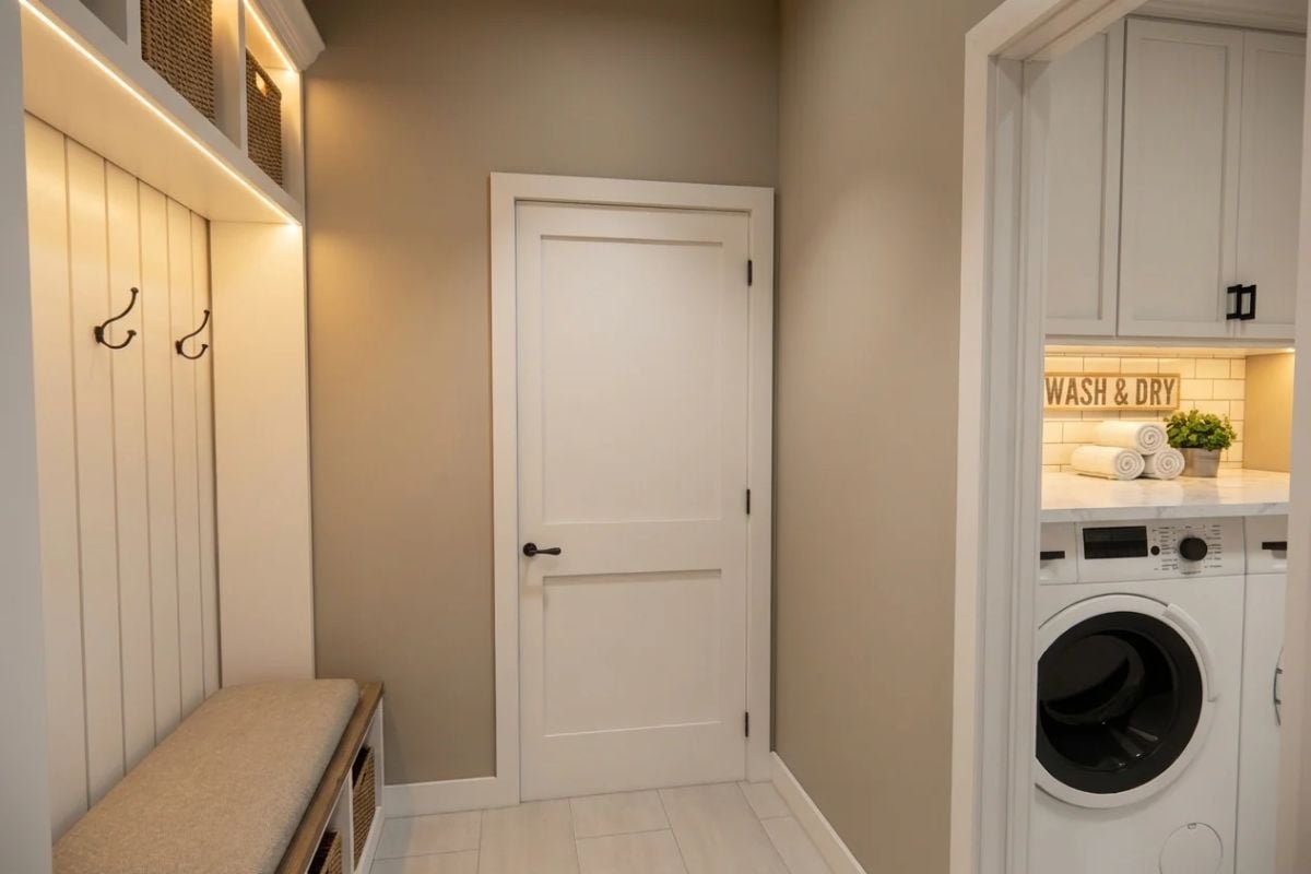 Mud Room Bench and Coat Hooks Flow into a Side-by-Side Laundry Alcove