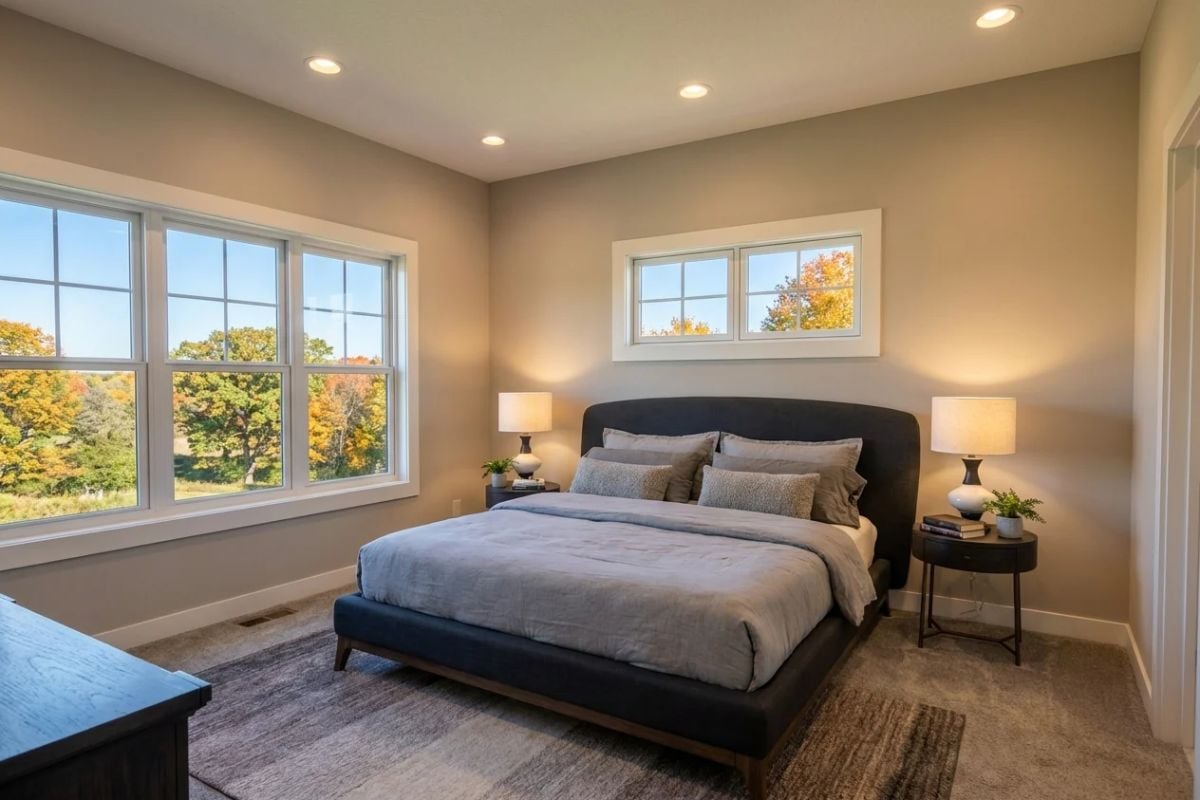 Recessed Lighting and Transom Window Brighten a Gray-Toned Primary Bedroom