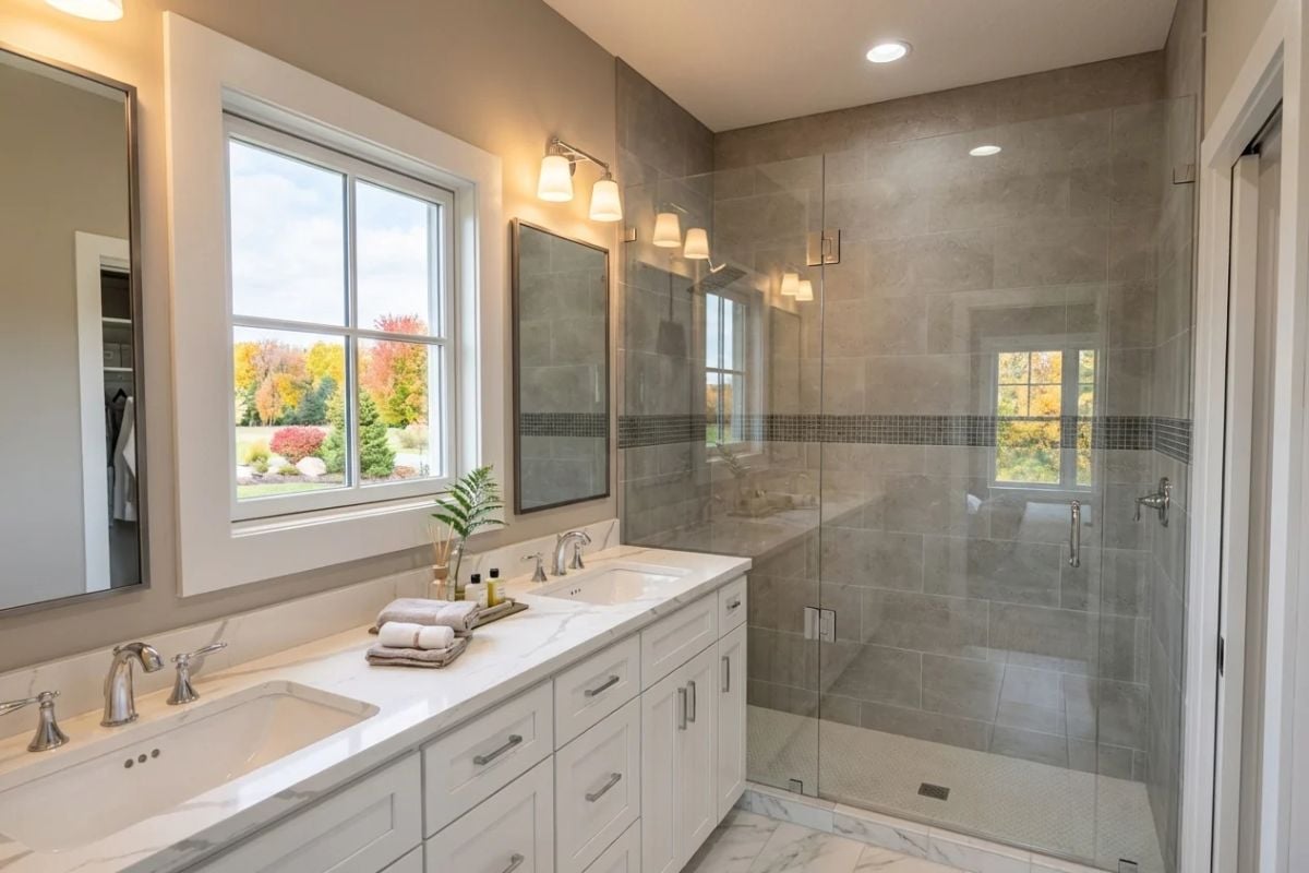 Quartz Double Vanity Faces a Glass-Enclosed Shower with Gray Tile Surround