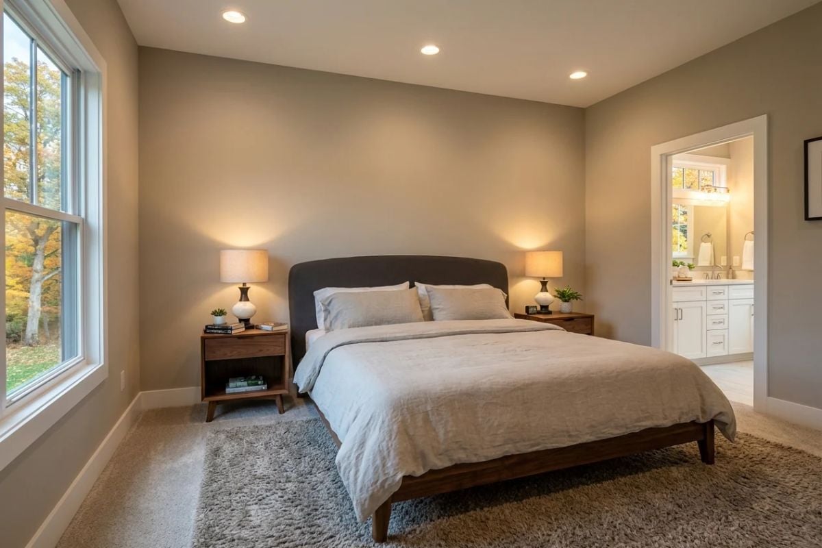 Greige Walls and Walnut Nightstands Ground a Bedroom Built for Rest