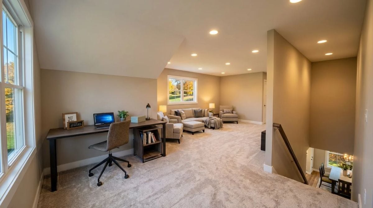 Carpeted Loft Doubles as Home Office and Lounge Without Walls Dividing Either
