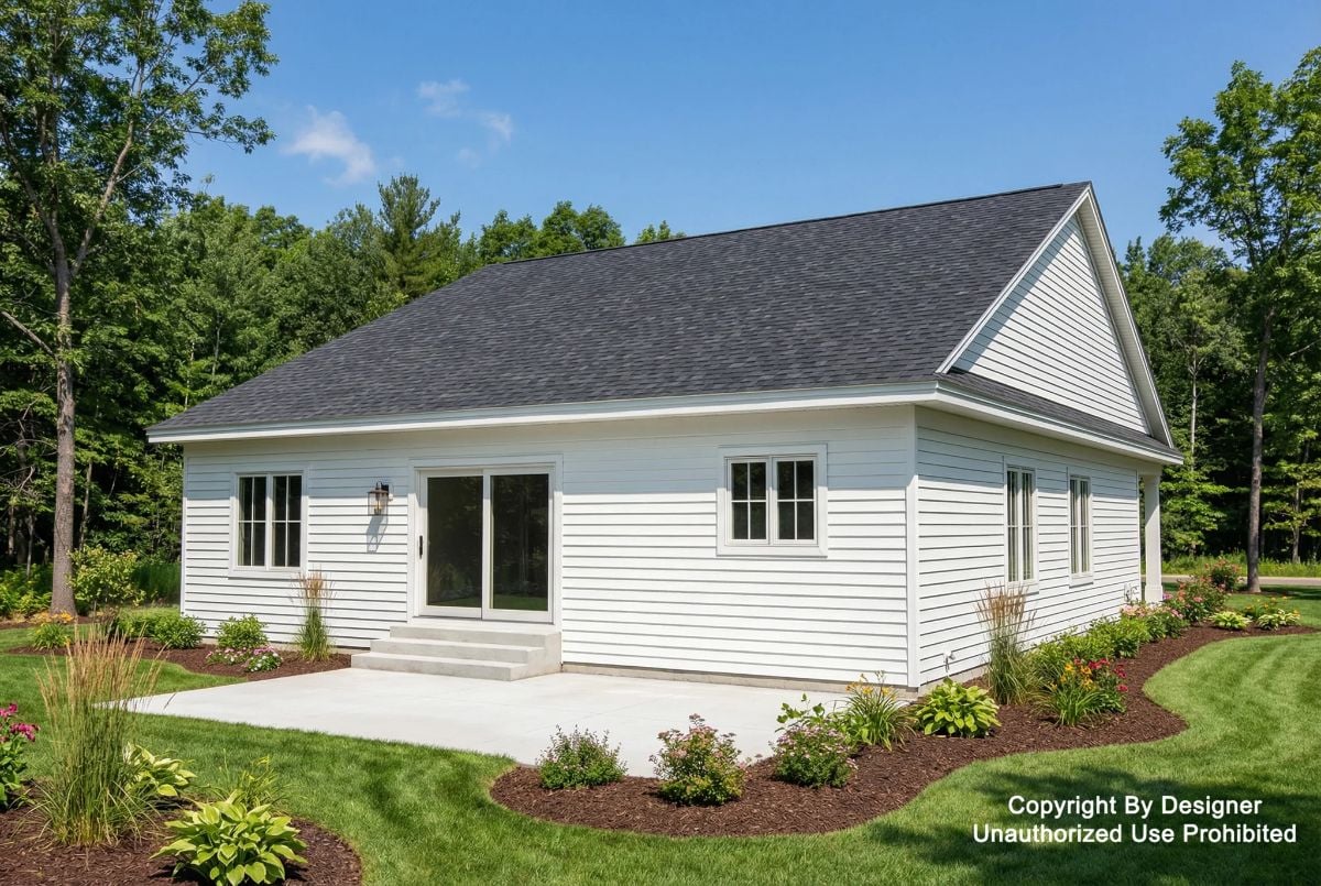 White Vinyl Siding and Dark Shingles Define This Rear Exterior View