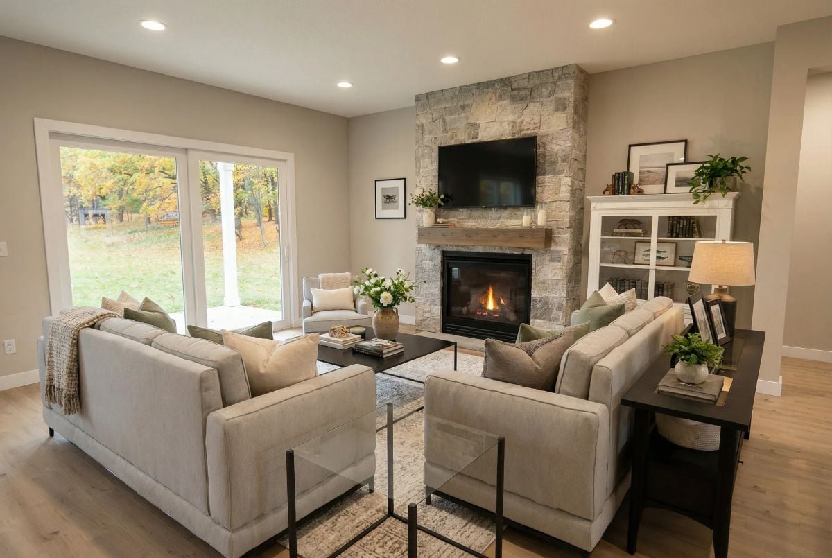 Stone Fireplace and Neutral Sofas Shape a Grounded Living Room