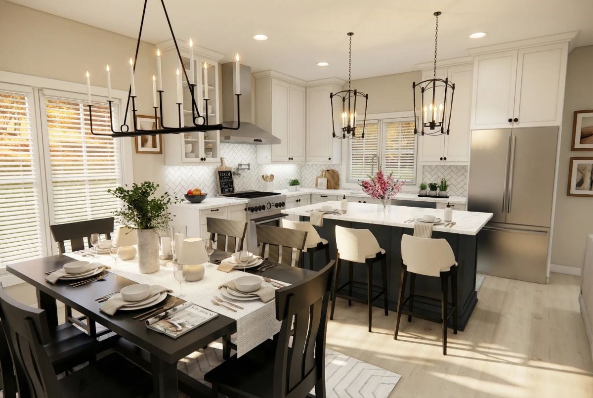 Candle Chandelier and Dark Island Anchor an Open Kitchen-Dining Space