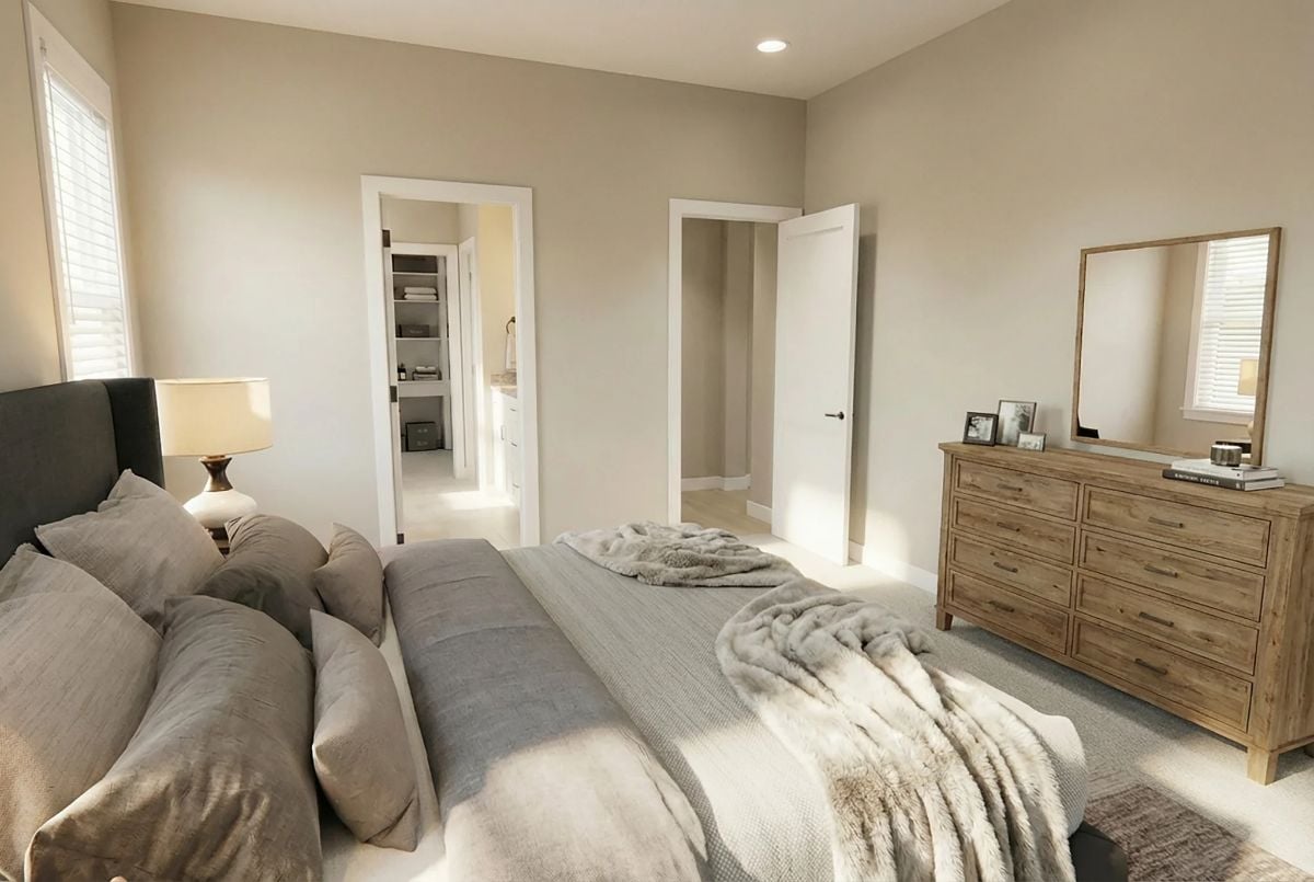 Faux Fur Throw and Wood Dresser Bring Warmth to a Gray-Toned Primary Bedroom