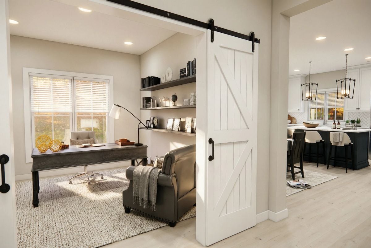 Barn Door Hardware and Open Shelving Define a Farmhouse Home Office