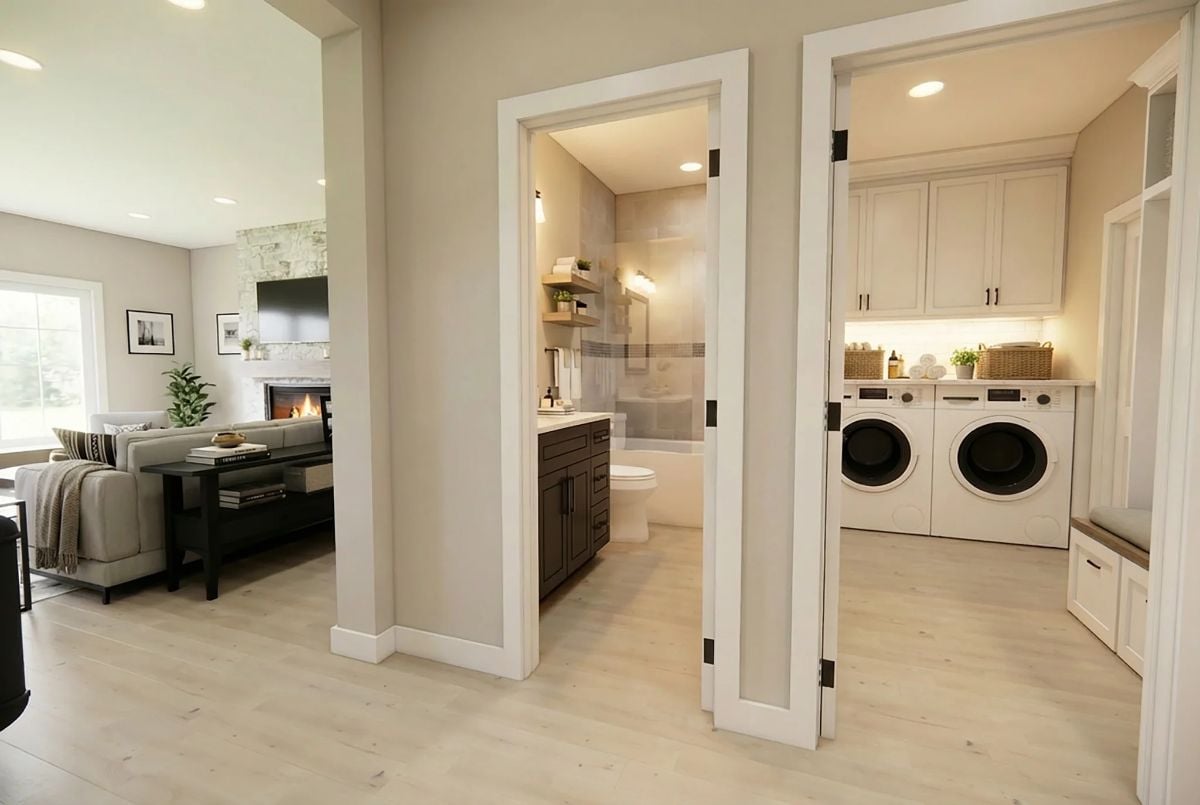 Hallway View Opens Into a Bathroom, Laundry Room, and Living Space Beyond