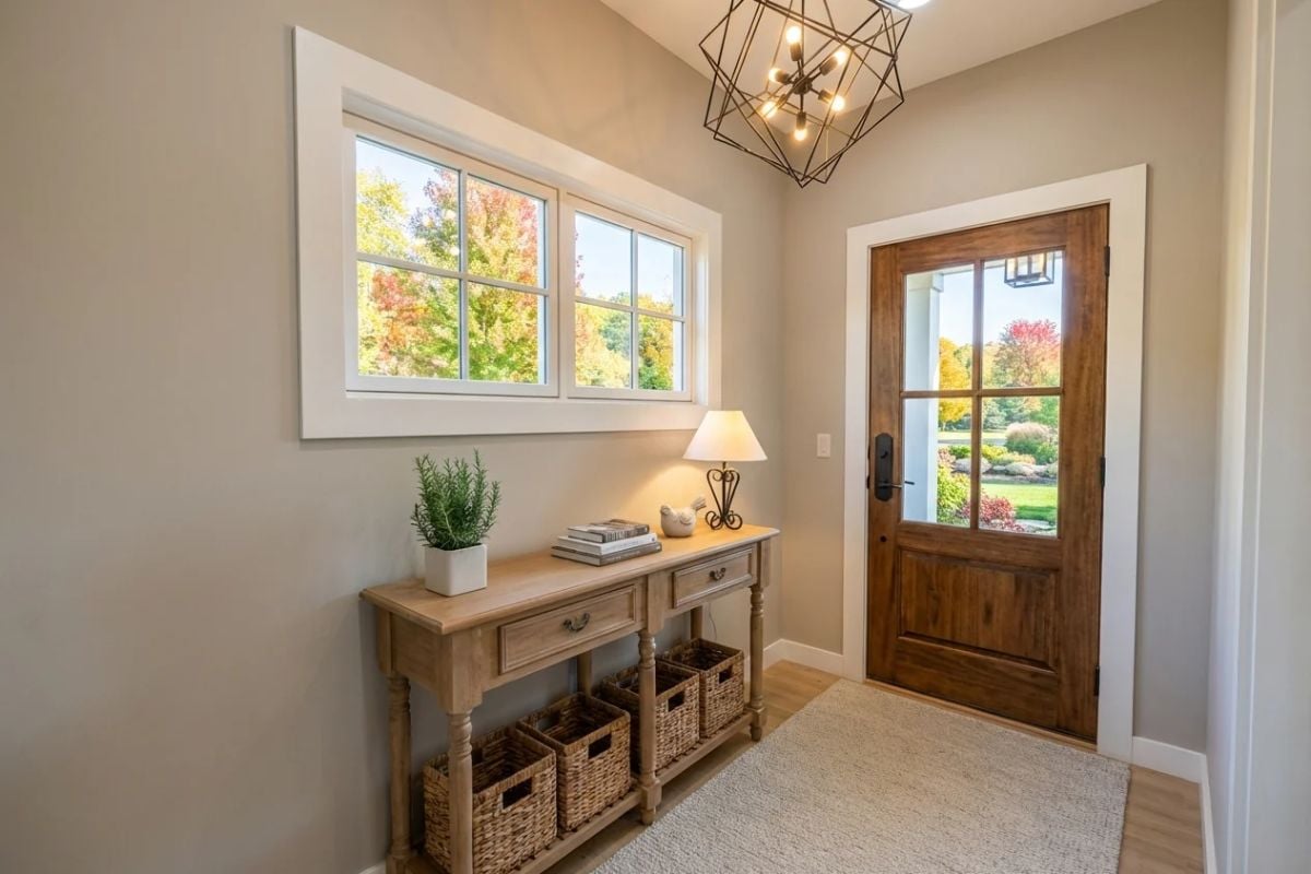 Warm Wood Door and Wicker Baskets Set a Welcoming Farmhouse Tone