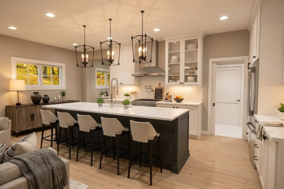 Dark Island Base and Marble Top Define the Heart of This Farmhouse Kitchen