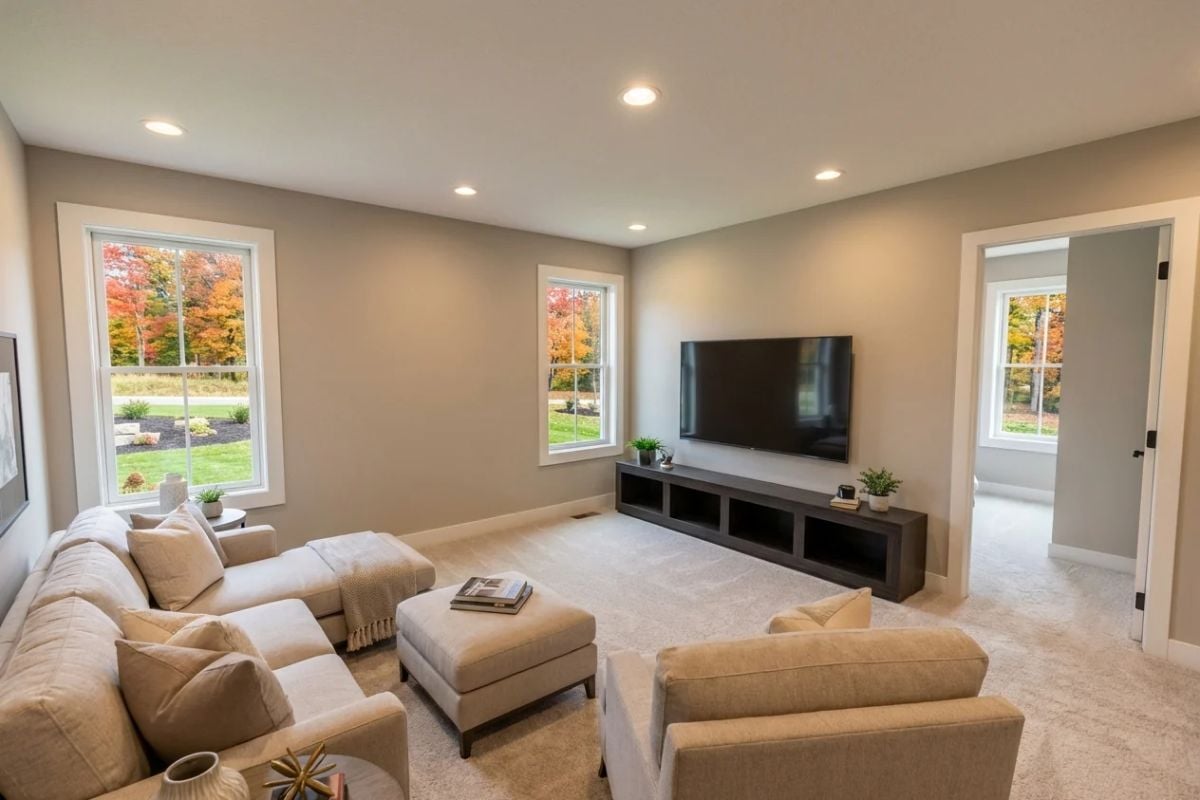 Beige Sectional and Carpet Keep This Upstairs Loft Quiet and Comfortable