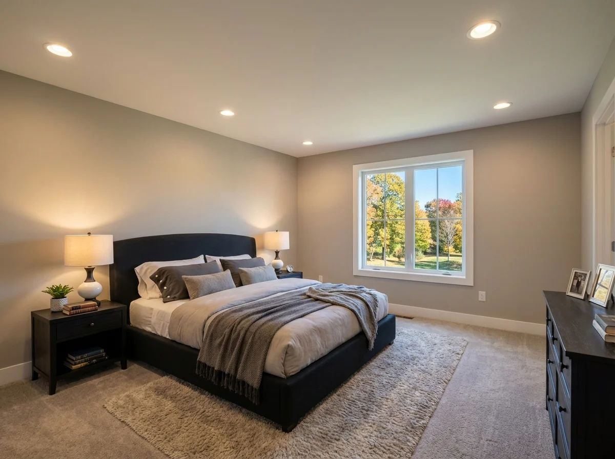 Dark Bed Frame and Warm Throw Pull Together a Bedroom Built for Rest