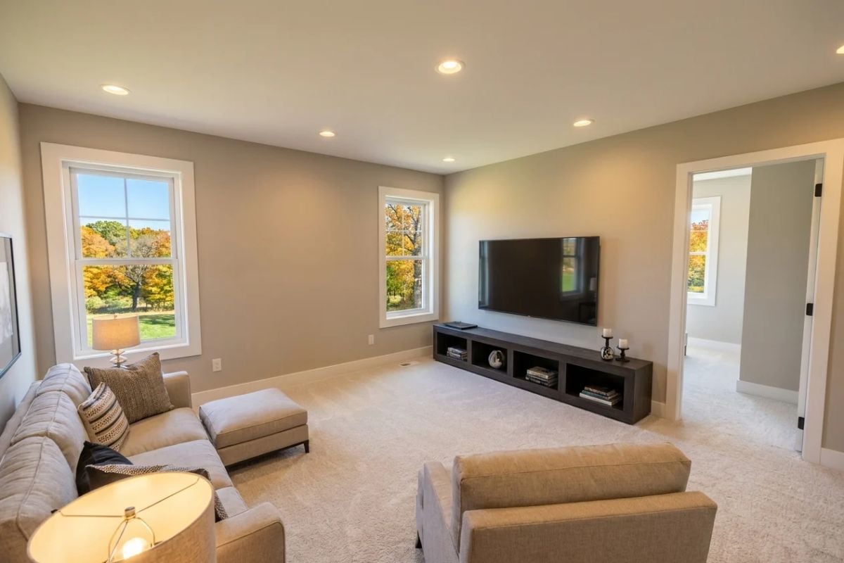 Carpet, Recessed Lights, and Fall Views Shape an Upstairs Family Room