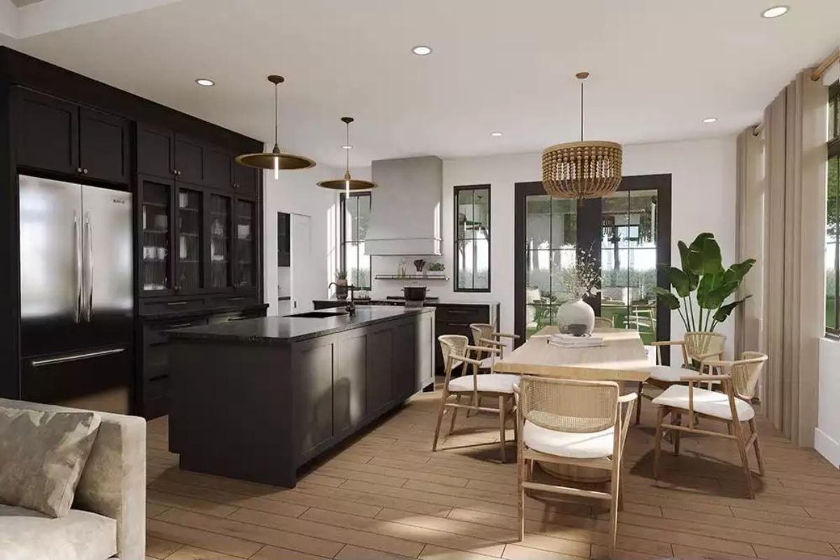 Dark Cabinetry and a Rattan Chandelier Pull the Kitchen-Dining Zone Together