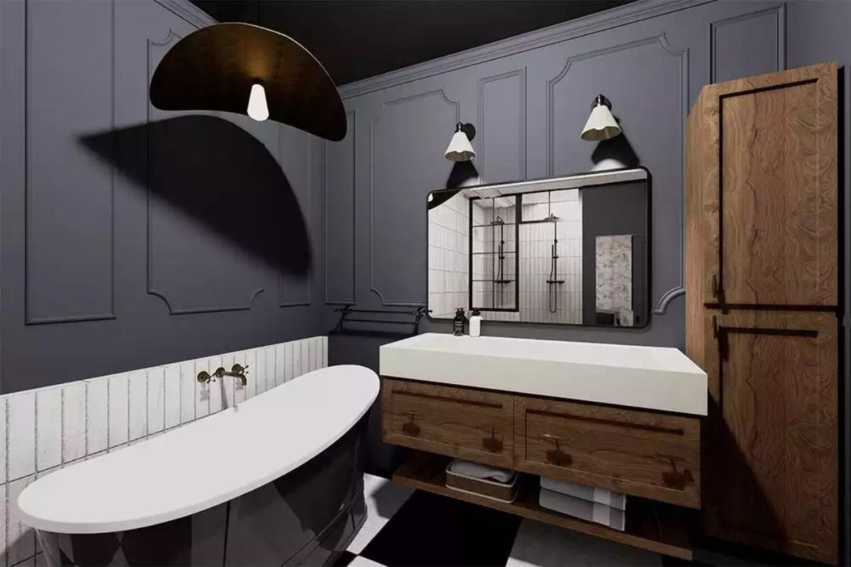 Moody Gray Paneling Meets Raw Wood in a Bathroom That Earns Its Drama