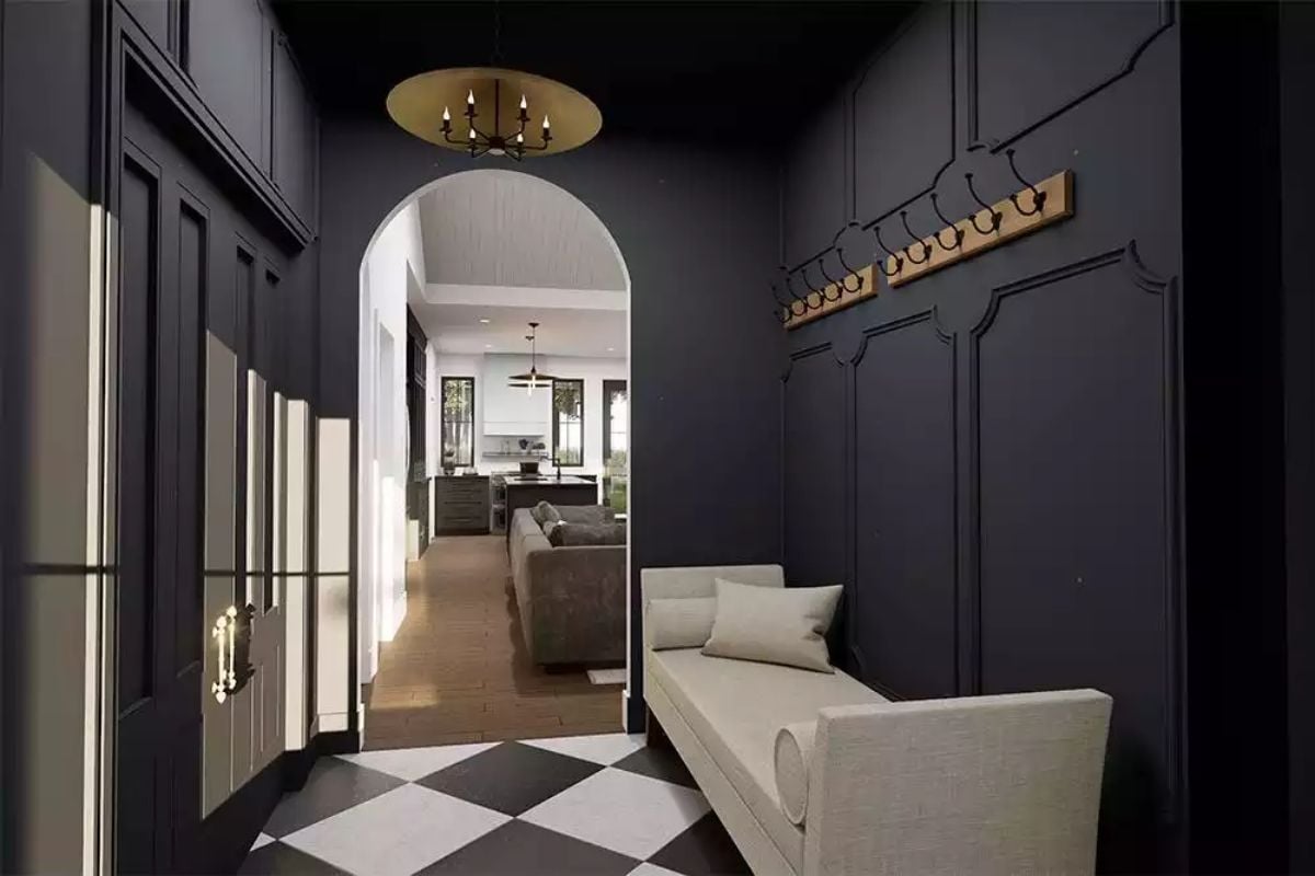Dark Drama in the Entryway, Anchored by a Checkered Floor