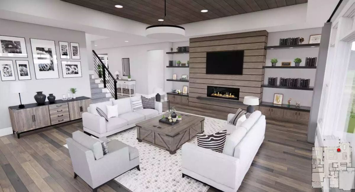 Shiplap Fireplace Wall, Open Shelving, and White Sofas That Mean Business